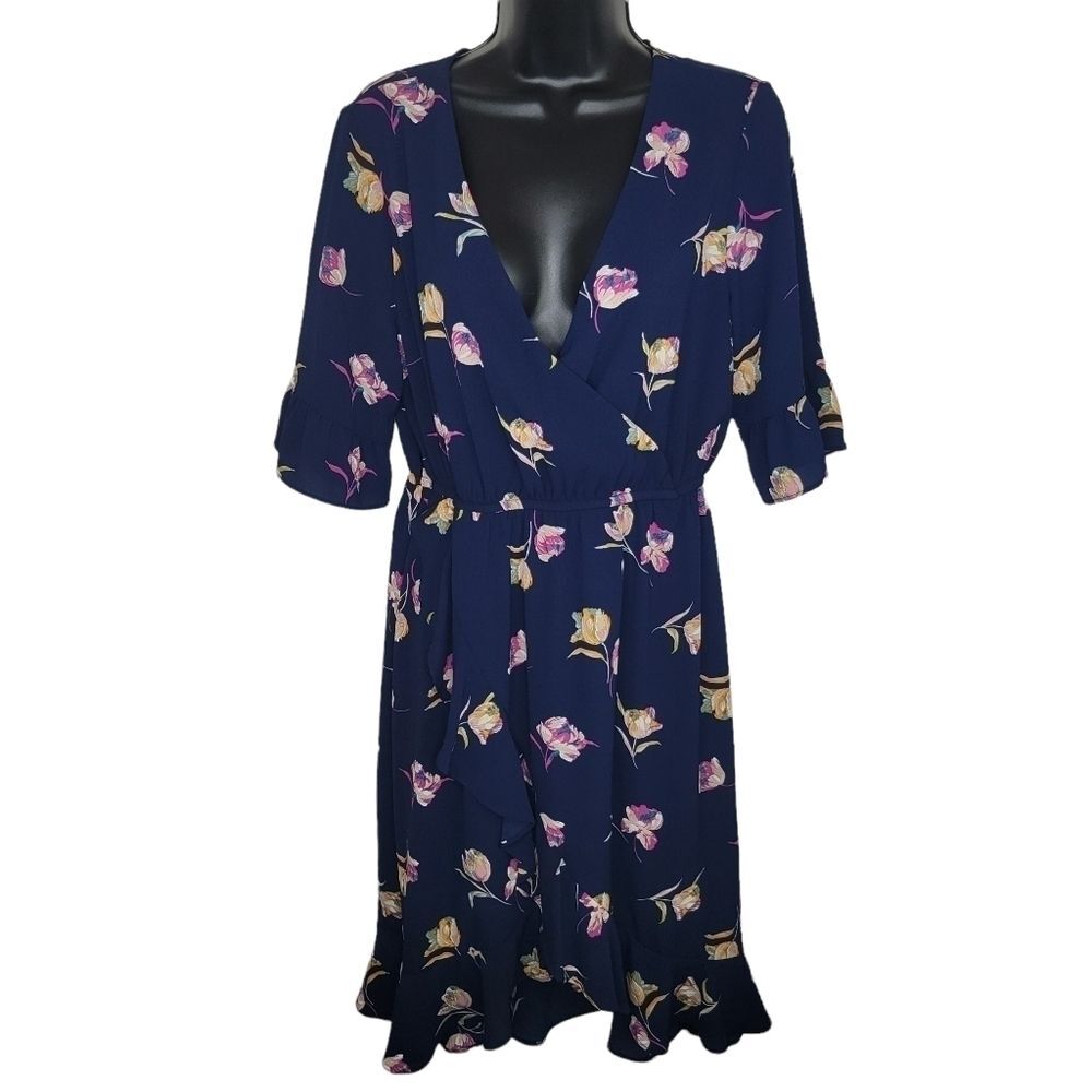 Bobeau navy blue floral ruffle hem dress size medium